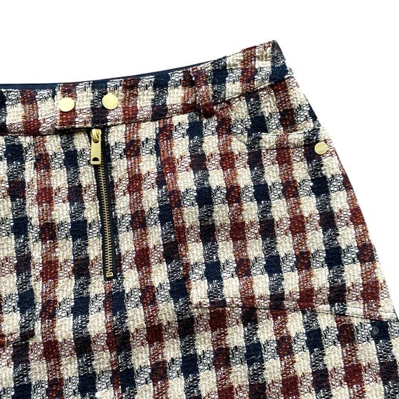 Scotch & Soda Tweed Mini Skirt Sz M Brown Check Exposed Zipper Retro Academia - Picture 11 of 13